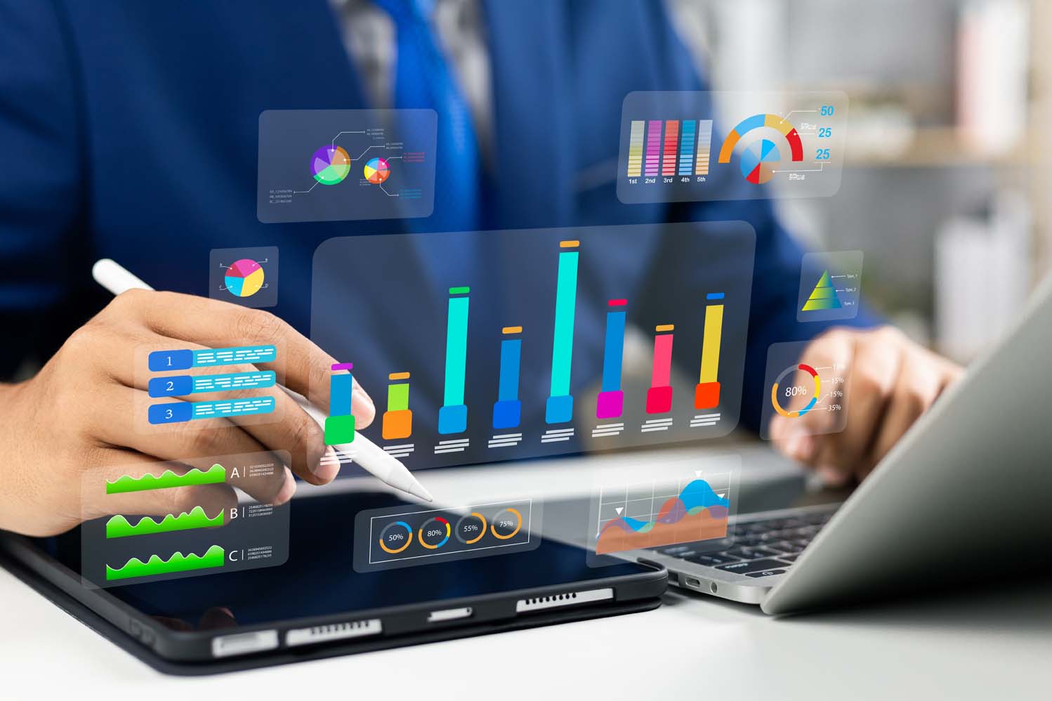 Analyst utilizing technology and dashboard with charts data science and Big Data technology for business, Strategic data management system with KPI organization performance with technology and metrics