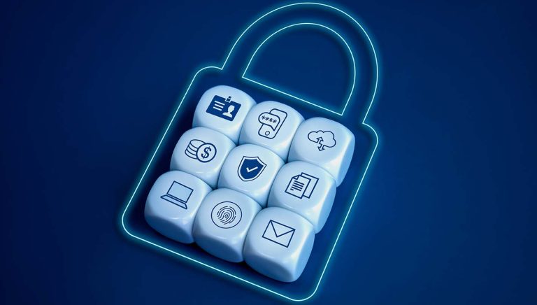 Personal data protection and cyber security network system of internet technology concepts. Digital privacy information icons block group are safty in digital safety padlock shape on blue background.